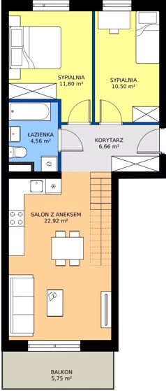3 pokoje, mieszkanie 72,64 m², piętro 2, oferta nr B2/2/7, Osiedle Lissa, Wrocław, Leśnica, ul. Eluarda 61-73