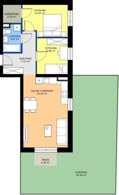 3 pokoje, mieszkanie 57,44 m², piętro 1, oferta nr E1/1/6, Osiedle Lissa, Wrocław, Leśnica, ul. Eluarda 61-73