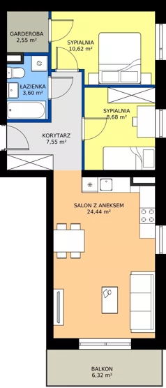 3 pokoje, mieszkanie 57,44 m², piętro 1, oferta nr E1/1/6, Osiedle Lissa, Wrocław, Leśnica, ul. Eluarda 61-73