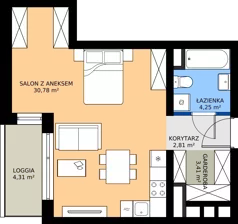 1 pokój, mieszkanie 41,27 m², piętro 3, oferta nr A1.3.1, Emilii Plater 7, Szczecin, Śródmieście, Skolwin, ul. Miedziana 4