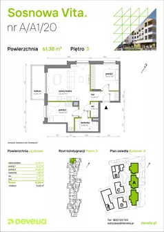 3 pokoje, mieszkanie 61,38 m², piętro 3, oferta nr A/A1/020, Sosnowa Vita, Józefów, ul. Piłsudskiego