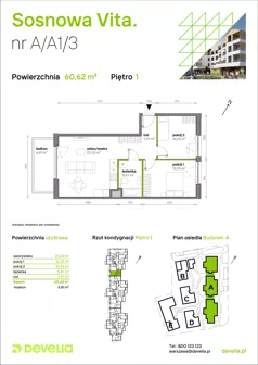 3 pokoje, mieszkanie 60,62 m², piętro 1, oferta nr A/A1/003, Sosnowa Vita, Józefów, Piłsudskiego