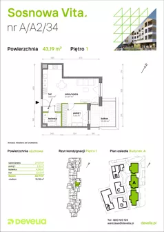 2 pokoje, mieszkanie 43,19 m², piętro 1, oferta nr A/A2/034, Sosnowa Vita, Józefów, ul. Piłsudskiego
