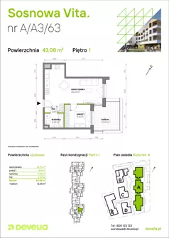2 pokoje, mieszkanie 43,08 m², piętro 1, oferta nr A/A3/063, Sosnowa Vita, Józefów, ul. Piłsudskiego
