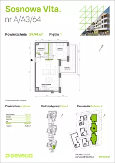 2 pokoje, mieszkanie 39,94 m², piętro 1, oferta nr A/A3/064, Sosnowa Vita, Józefów, Piłsudskiego
