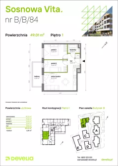 3 pokoje, mieszkanie 49,01 m², piętro 1, oferta nr B/B/084, Sosnowa Vita, Józefów, ul. Piłsudskiego
