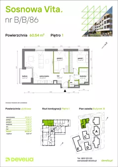 3 pokoje, mieszkanie 60,54 m², piętro 1, oferta nr B/B/086, Sosnowa Vita, Józefów, ul. Piłsudskiego