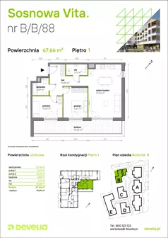 3 pokoje, mieszkanie 67,66 m², piętro 1, oferta nr B/B/088, Sosnowa Vita, Józefów, Piłsudskiego