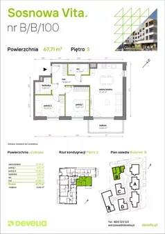 3 pokoje, mieszkanie 67,71 m², piętro 3, oferta nr B/B/100, Sosnowa Vita, Józefów, Piłsudskiego