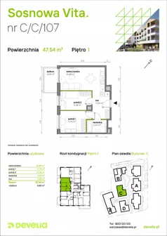 3 pokoje, mieszkanie 47,54 m², piętro 1, oferta nr C/C/107, Sosnowa Vita, Józefów, Piłsudskiego