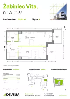 2 pokoje, mieszkanie 55,76 m², piętro 3, oferta nr A.099, Żabiniec Vita, Kraków, Krowodrza, ul. Żabiniec 56