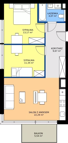 3 pokoje, mieszkanie 60,54 m², piętro 3, oferta nr A2/39, Bemowo Vita etap IV, Warszawa, Bemowo, Chrzanów, ul. Szeligowska 57	