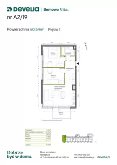 3 pokoje, mieszkanie 60,54 m², piętro 1, oferta nr A2/19, Bemowo Vita etap IV, Warszawa, Bemowo, Chrzanów, ul. Szeligowska 57	