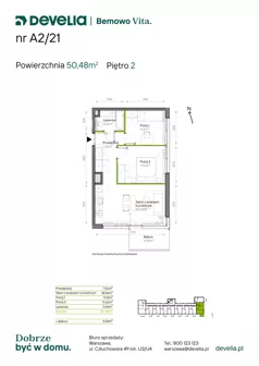 3 pokoje, mieszkanie 50,48 m², piętro 2, oferta nr A2/21, Bemowo Vita etap IV, Warszawa, Bemowo, Chrzanów, ul. Szeligowska 57	