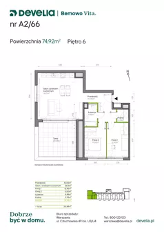 3 pokoje, mieszkanie 74,92 m², piętro 6, oferta nr A2/66, Bemowo Vita etap IV, Warszawa, Bemowo, Chrzanów, ul. Szeligowska 57	