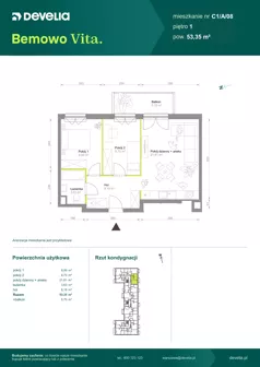 3 pokoje, mieszkanie 53,35 m², piętro 1, oferta nr C1/A/08, Bemowo Vita etap VIII, Warszawa, Bemowo, Chrzanów, ul. Szeligowska 57