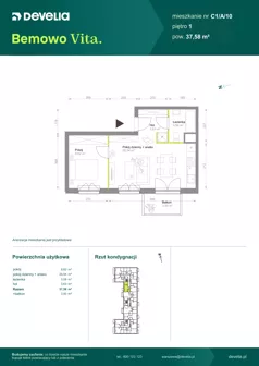 2 pokoje, mieszkanie 37,58 m², piętro 1, oferta nr C1/A/10, Bemowo Vita etap VIII, Warszawa, Bemowo, Chrzanów, ul. Szeligowska 57	