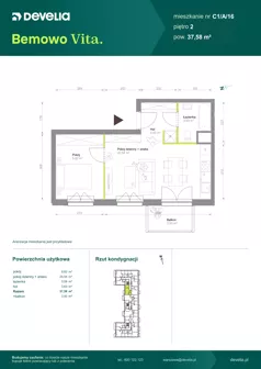 2 pokoje, mieszkanie 37,58 m², piętro 2, oferta nr C1/A/16, Bemowo Vita etap VIII, Warszawa, Bemowo, Chrzanów, ul. Szeligowska 57