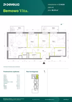 4 pokoje, mieszkanie 80,35 m², piętro 4, oferta nr C1/A/24, Bemowo Vita etap VIII, Warszawa, Bemowo, Chrzanów, ul. Szeligowska 57	
