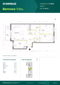 4 pokoje, mieszkanie 71,42 m², piętro 1, oferta nr C1/B/29, Bemowo Vita etap VIII, Warszawa, Bemowo, Chrzanów, ul. Szeligowska 57	