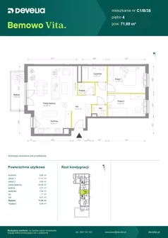 3 pokoje, mieszkanie 71,69 m², piętro 4, oferta nr C1/B/38, Bemowo Vita etap VIII, Warszawa, Bemowo, Chrzanów, ul. Szeligowska 57	