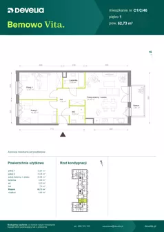 3 pokoje, mieszkanie 62,73 m², piętro 1, oferta nr C1/C/46, Bemowo Vita etap VIII, Warszawa, Bemowo, Chrzanów, ul. Szeligowska 57	
