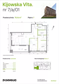 3 pokoje, mieszkanie 75,16 m², piętro 7, oferta nr 7/A/01, Kijowska Vita, Warszawa, Praga Północ, Kamionek, ul. Kijowska 27