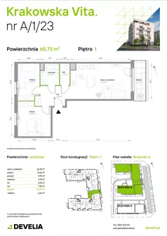 3 pokoje, mieszkanie 65,73 m², piętro 1, oferta nr A/1/23, Krakowska Vita II, Warszawa, Włochy, Raków, Aleja Krakowska 279