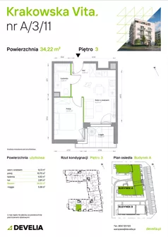 2 pokoje, mieszkanie 34,22 m², piętro 3, oferta nr A/3/11, Krakowska Vita II, Warszawa, Włochy, Raków, Aleja Krakowska 279