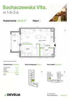 2 pokoje, mieszkanie 38,43 m², piętro 1, oferta nr 1-A-2-6, Sochaczewska Vita IV, Warszawa, Bemowo, Chrzanów, ul. Sochaczewska 12
