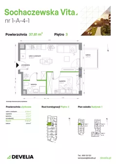 2 pokoje, mieszkanie 37,81 m², piętro 3, oferta nr 1-A-4-1, Sochaczewska Vita IV, Warszawa, Bemowo, Chrzanów, ul. Sochaczewska 12