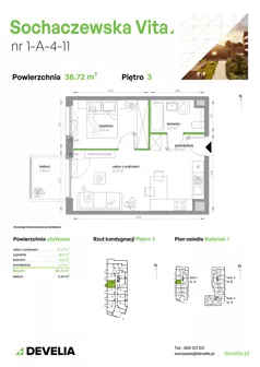 2 pokoje, mieszkanie 38,72 m², piętro 3, oferta nr 1-A-4-11, Sochaczewska Vita IV, Warszawa, Bemowo, Chrzanów, ul. Sochaczewska 12