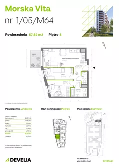 3 pokoje, mieszkanie 57,77 m², piętro 5, oferta nr 1.05.M64, Morska Vita, Gdynia, Leszczynki, Leszczynki, ul. Działdowska 3A