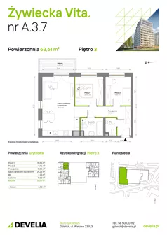 3 pokoje, mieszkanie 63,61 m², piętro 3, oferta nr A.3.7, Żywiecka Vita, Gdańsk, Wrzeszcz, Wrzeszcz Dolny, ul. Żywiecka 2C