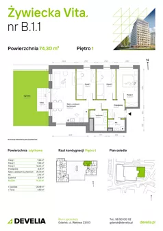 4 pokoje, mieszkanie 74,32 m², piętro 1, oferta nr B.1.1, Żywiecka Vita, Gdańsk, Wrzeszcz, Wrzeszcz Dolny, ul. Żywiecka 2C