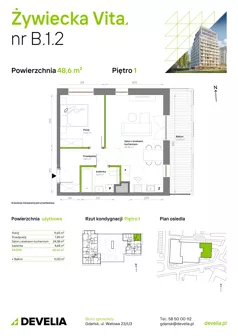 2 pokoje, mieszkanie 48,60 m², piętro 1, oferta nr B.1.2, Żywiecka Vita, Gdańsk, Wrzeszcz, Wrzeszcz Dolny, ul. Żywiecka 2C