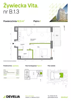 2 pokoje, mieszkanie 42,50 m², piętro 1, oferta nr B.1.3, Żywiecka Vita, Gdańsk, Wrzeszcz, Wrzeszcz Dolny, ul. Żywiecka 2C