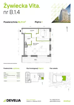 2 pokoje, mieszkanie 46,11 m², piętro 1, oferta nr B.1.4, Żywiecka Vita, Gdańsk, Wrzeszcz, Wrzeszcz Dolny, ul. Żywiecka 2C