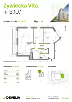 3 pokoje, mieszkanie 70,22 m², piętro 10, oferta nr B.10.1, Żywiecka Vita, Gdańsk, Wrzeszcz, Wrzeszcz Dolny, ul. Żywiecka 2C