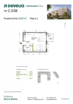 1 pokój, mieszkanie 33,81 m², piętro 3, oferta nr C.038, Centralna Vita etap IV, Kraków, Czyżyny, ul. Ciesielskiego