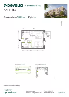 1 pokój, mieszkanie 33,81 m², piętro 6, oferta nr C.047, Centralna Vita etap IV, Kraków, Czyżyny, ul. Ciesielskiego