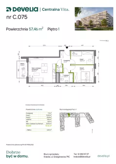 3 pokoje, mieszkanie 57,46 m², piętro 1, oferta nr C.075, Centralna Vita etap IV, Kraków, Czyżyny, ul. Ciesielskiego