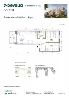 3 pokoje, mieszkanie 59,03 m², piętro 1, oferta nr C.111, Centralna Vita etap IV, Kraków, Czyżyny, ul. Ciesielskiego