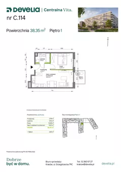 2 pokoje, mieszkanie 38,35 m², piętro 1, oferta nr C.114, Centralna Vita etap IV, Kraków, Czyżyny, ul. Ciesielskiego
