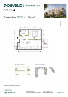 2 pokoje, mieszkanie 38,35 m², piętro 3, oferta nr C.124, Centralna Vita etap IV, Kraków, Czyżyny, ul. Ciesielskiego