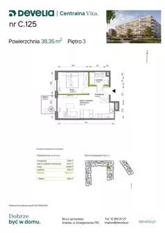 2 pokoje, mieszkanie 38,35 m², piętro 3, oferta nr C.125, Centralna Vita etap IV, Kraków, Czyżyny, ul. Ciesielskiego