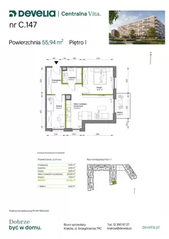 3 pokoje, mieszkanie 55,94 m², piętro 1, oferta nr C.147, Centralna Vita etap IV, Kraków, Czyżyny, ul. Ciesielskiego