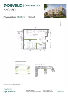 2 pokoje, mieszkanie 38,35 m², piętro 1, oferta nr C.150, Centralna Vita etap IV, Kraków, Czyżyny, ul. Ciesielskiego
