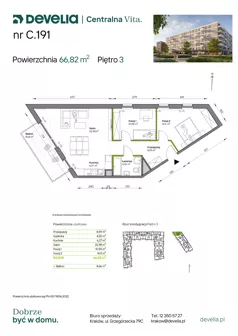 3 pokoje, mieszkanie 66,82 m², piętro 3, oferta nr C.191, Centralna Vita etap IV, Kraków, Czyżyny, ul. Ciesielskiego