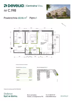 3 pokoje, mieszkanie 68,46 m², piętro 1, oferta nr C.198, Centralna Vita etap IV, Kraków, Czyżyny, ul. Ciesielskiego